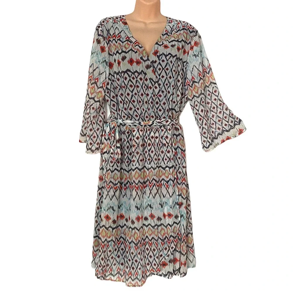 Steve Harvey Southwest Print Off-White Chiffon Office Casual Wedding Guest Dress - Picture 1 of 13